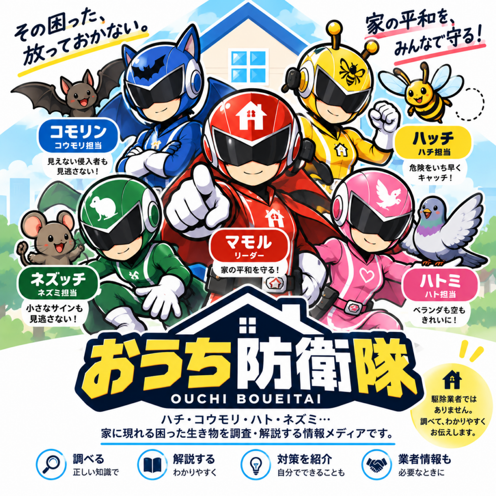 おうち防衛隊のマモル、ネズッチ、コモリン、ハトミ、ハッチの集合画像