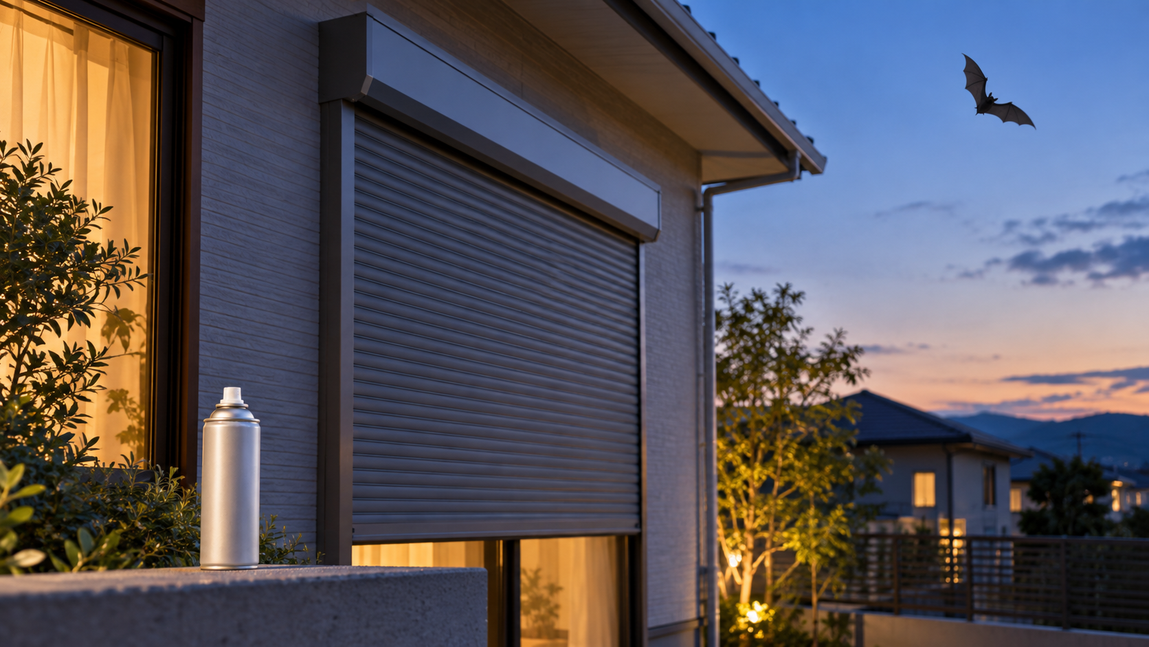 コウモリ用忌避スプレーの使用と住宅のシャッター周辺を示すイメージ